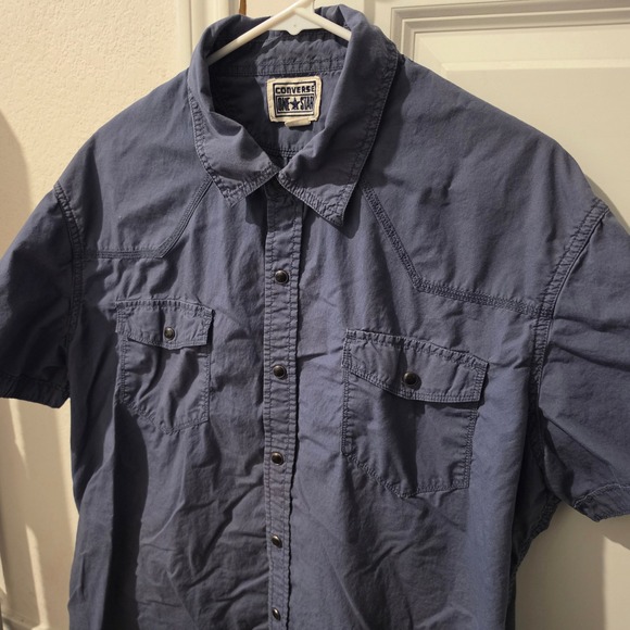 Converse One Star Other - Converse One Star Mens XL Navy Blue Short Sleeve Western Snap Front Shirt Rugged